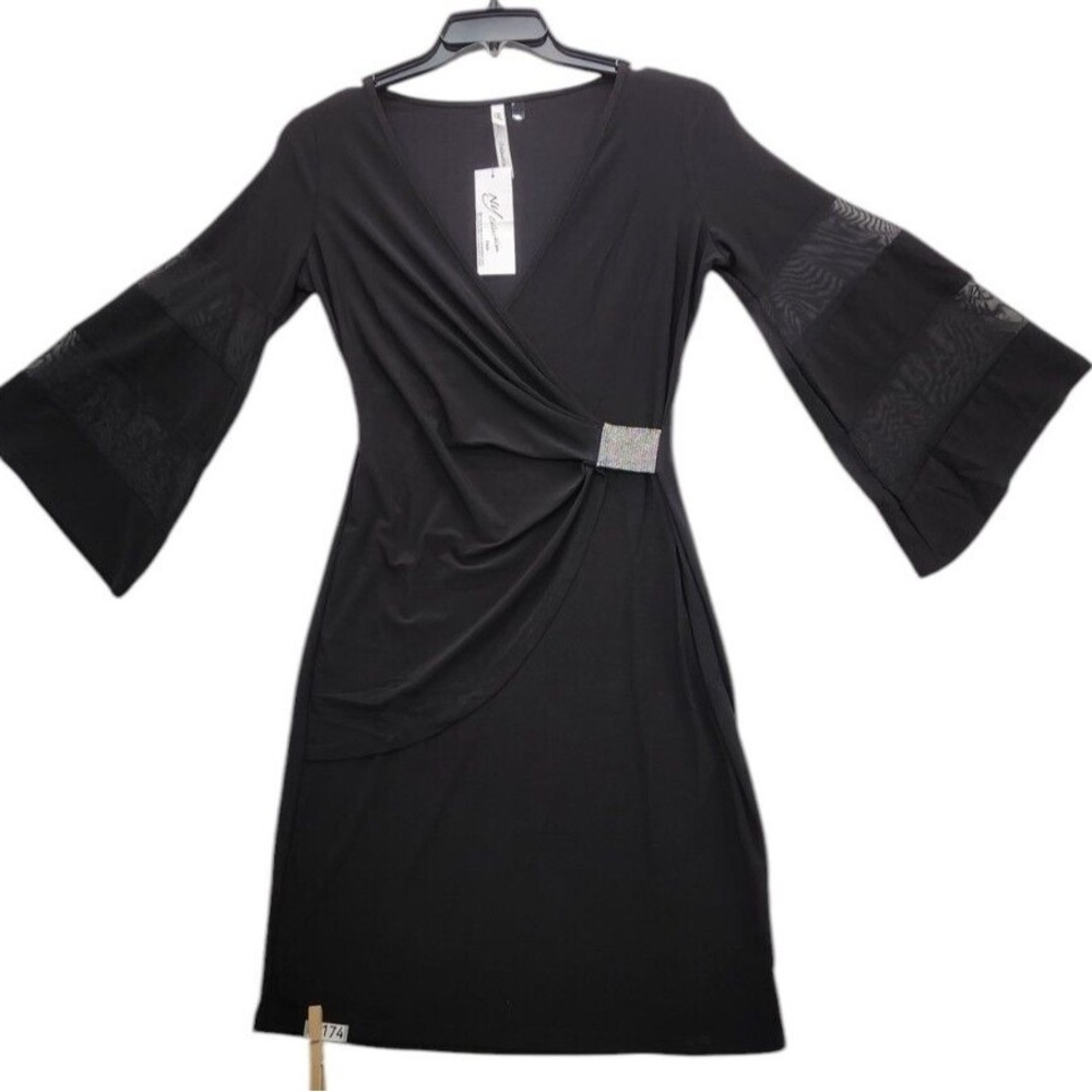 NY Collection 1X dress faux wrap bell sleeves with sheer cut out stretch jersey
